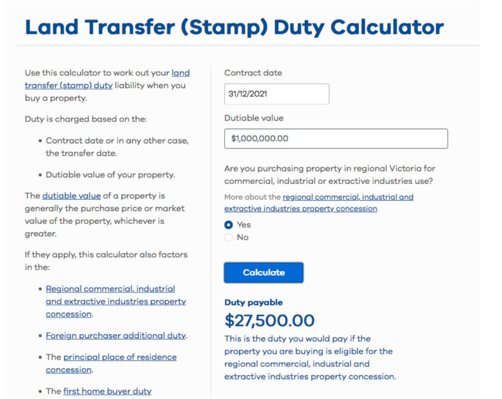 Screenshot of SRO's calculator for commercial stamp duty concessions.